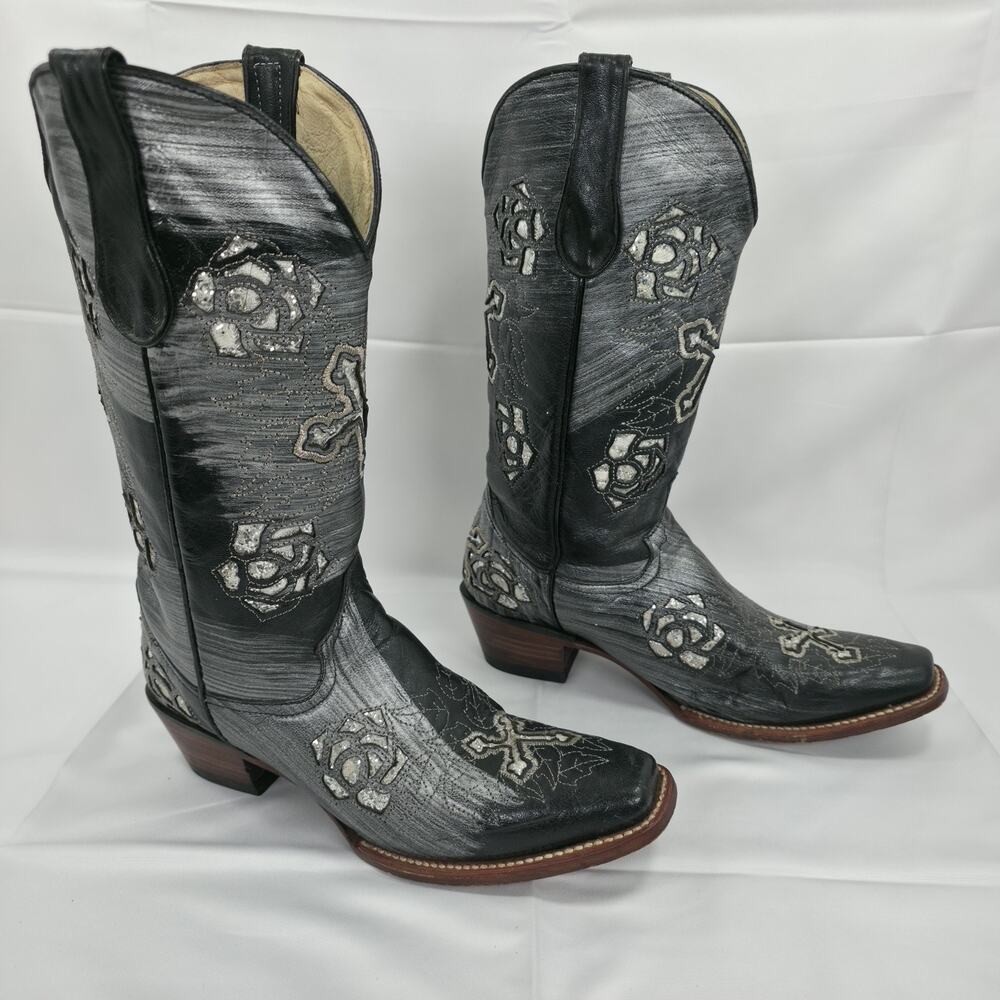 Ferrini Womens Cowboy Boots Size 9 B Black Leather Cross Rose Gothic Western - Picture 6 of 14